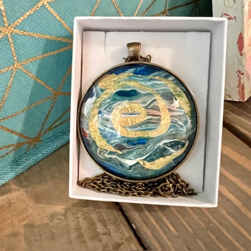 Swirl pattern blue and gold large pendant necklace, bronze, glass, handmade